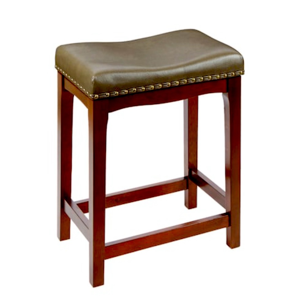 cherry wood stool with faux leather cushion seat
